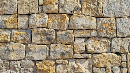Ancient stone wall of an 18th century castle or fortress with weathered and cracked bricks in close-up view