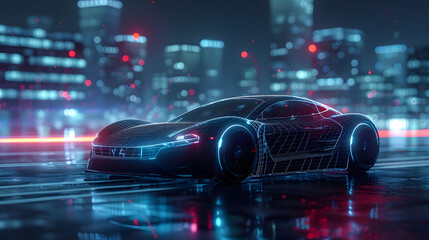 picture of a futuristic electric black car with a holographic wireframe digital technology background