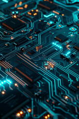 Fototapeta premium A detailed view of a circuit board with clean lines and glowing blue accents.