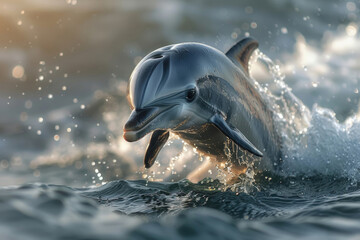 A baby dolphin jumping out of the water with a splash