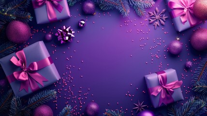 Purple Christmas Background With Presents and Decorations