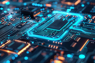 Obraz premium A detailed view of a circuit board with clean lines and glowing blue accents.