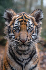 A close-up of a baby tiger looking curiously at the camera