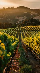 A picturesque vineyard at sunset, with rows of grapevines stretching into the distance.