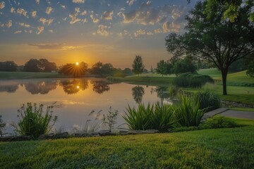 A picturesque scene of a sunrise over a tranquil landscape, promising new beginnings and opportunities.