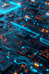 A detailed view of a circuit board with clean lines and glowing blue accents.