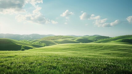 Fototapeta premium Scenic landscape with blue skies and white clouds, distant rolling hills, and foreground of grassland and trees