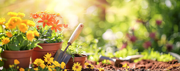 Sunny garden scene with colorful flowers and tools