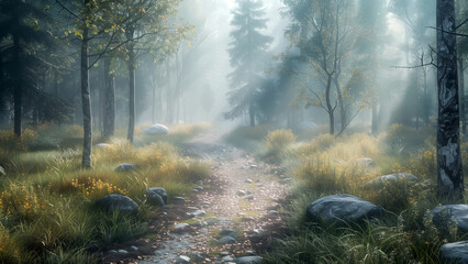 Obraz premium Misty path winding through a silent forest