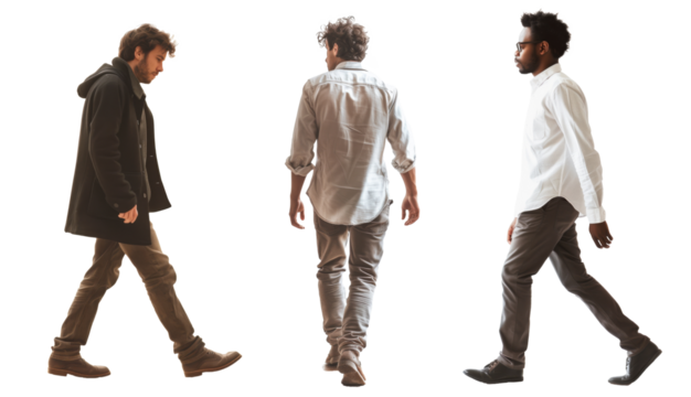 若い白人と黒人の男性3人、歩くモーション、人物切り抜き
