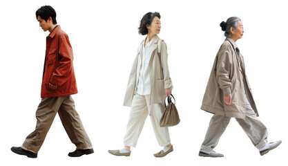 若い日本人の男性と高齢の女性の3人、歩くモーション、人物切り抜き
