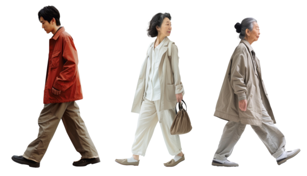 若い日本人の男性と高齢の女性の3人、歩くモーション、人物切り抜き
