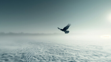 Fototapeta premium Untouched snowy field with a single crow flying across the sky