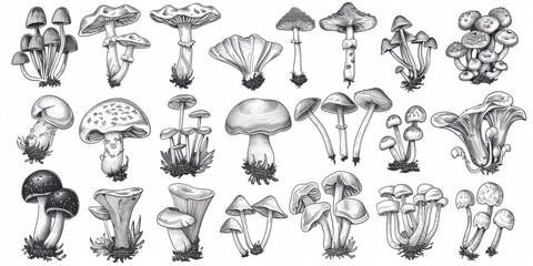 Fototapeta premium A set of hand-drawn images of edible mushrooms, perfect for recipes, menus, labels, and packaging, featuring magical fungus with botanical names.