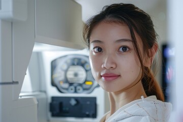 A woman is being examined for bone density using a C Bone Densitometer Machine to research osteoporosis.