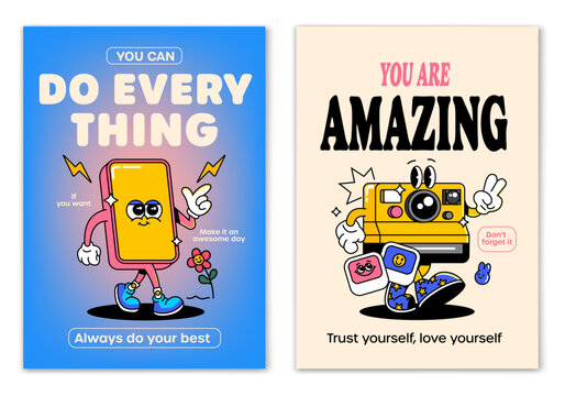 Retro cartoon walking smiled Smartphone and Camera mascot character surrounded by smiled elements and motivation lettering. Illustration for t-shirt print or poster design. Vector illustration