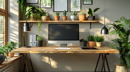 Designers Inspiring Workspace A Sleek Desk with Computer Graphic Tablet and Blossoming Potted Plant