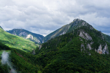 Naklejka premium Beautiful view of the mountain peaks in summer. The sun shines through the clouds on the green trees in the mountains.