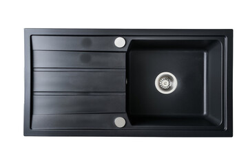Fototapeta premium Black double kitchen sink top view with countertop transparent background
