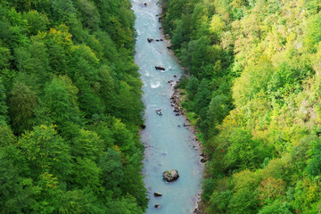 Top view of the mountain river between the trees. Rafting in the mountains.