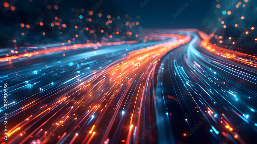 Poster high speed data highway with flowing streams of light representing information