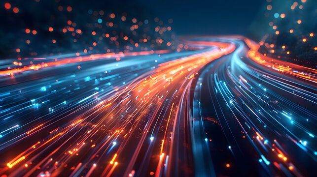 High speed data highway with flowing streams of light representing information