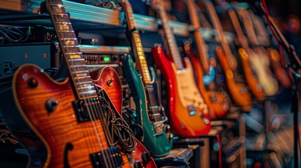 Backstage, guitars, cables, and setlists are neatly arranged, capturing the organized chaos and palpable excitement as the crew prepares for the impending performance. - Powered by Adobe