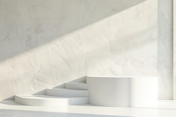 A white podium appearing to float against a clean plaster backdrop, creating an illusion of lightness and elegance
