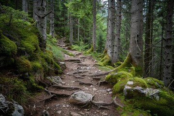 Tranquil mountain trail in dense forest with tall pines, moss-covered roots, and serene atmosphere