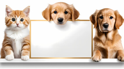 group of dogs and cat and blank sign, charming dogs and cat  peeking from behind blank boards, ideal for advertising with copyspace for messages or graphics	