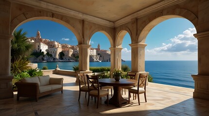 Fototapeta premium shows a view of the sea from a terrace of a luxury villa in Croatia.