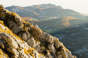 Mountains at sunset. Landscape of the autumn forest in the mountains