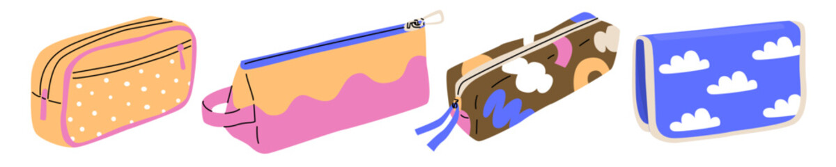 Four children's school pencil cases in different colors with bright abstract prints. Pockets for stationery. Vector illustration isolated on transparent background.
