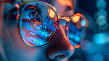Close up female eyes as a biometrics eye scanning photorealistic futuristic digital cyber technology colourful facial recognition, dark background
