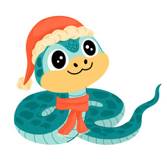 Cute Cartoon Snake. Chinese 2025 New Year symbol, happy animal character mascot in Santa hat. Happy funny serpent with spots on skin. Colored flat vector illustration isolated on white background