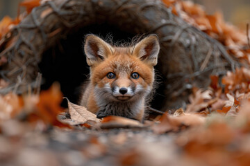 A baby fox peeking out from its den with a curious expression