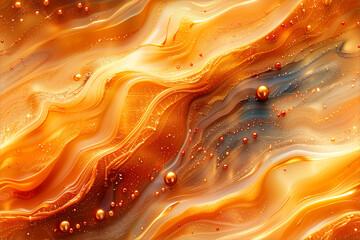 The image is a colorful abstract painting with a lot of gold and orange tones