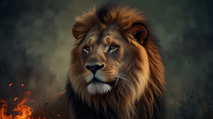 lion with a dark brown mane is standing in front of a wall of fire.
