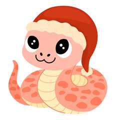Cute Cartoon Snake. Chinese 2025 New Year symbol, happy animal character mascot in Santa hat. Happy funny serpent with spots on skin. Colored flat vector illustration isolated on white background