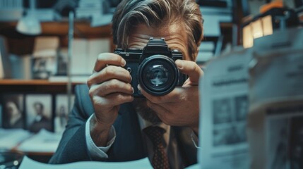 Industrial spy taking photos of confidential documents in a competitor's office
