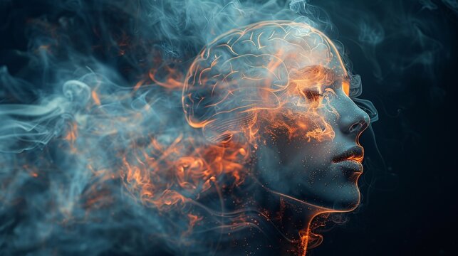 Exploring the impact of vaping on cognitive function and potential risks of nicotine dependence through 3D illustration of a person exhaling mist from an e-cigarette.