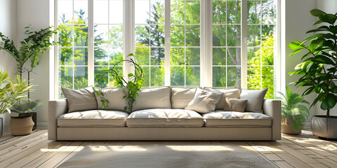 Sofa with pillows against arched window ethnic home interior design of modern living room