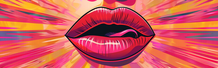 Luscious Pop Art Vector Illustration of Bold Outlined Female Lips on a White expressive Background
