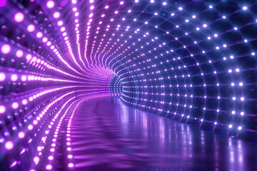 A tunnel of neon purple and blue lights forms a futuristic, endless matrix