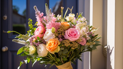 Flower shop delivery and holiday gift postal service, beautiful bouquet of flowers on a house doorstep in the countryside, post-processed, generative ai