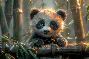 A baby panda sitting on a bamboo branch, chewing on leaves