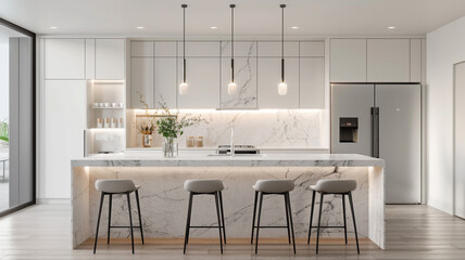 Marble island kitchen with bar stools close up