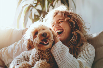 A young woman is sitting on the sofa, playing with her dog and laughing happily in front of bright sunlight at home. 