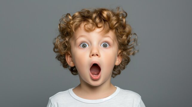 Cute amazed curly toddler boy kid with open mouth and detailed eyes on neutral grey background