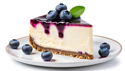 Slice of blueberry cheesecake isolated on white background. Generative ai